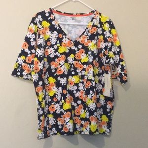 Bright multi color Flower Print V Neck Shirt 2X